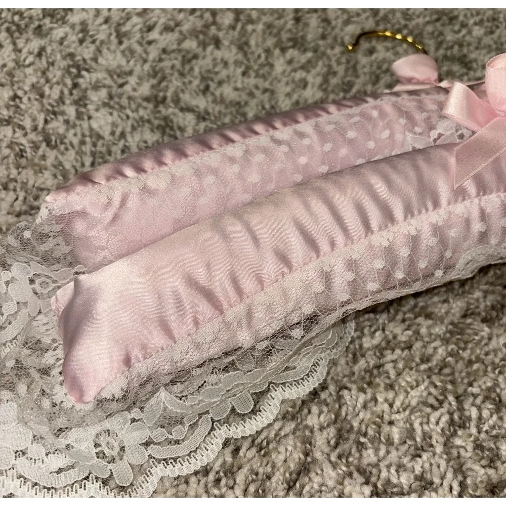 Set of Two Pink Satin and Lace Clothes Hangers Grandma Core Bridal Rosebud